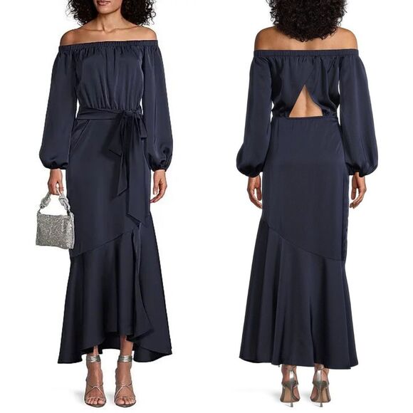 Sachin & Babi Kai Satin Crepe Mermaid Dress Off Shoulder Navy Blue Sz 2 NEW - Picture 1 of 14